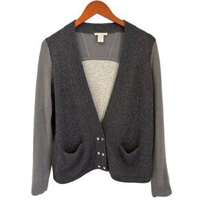 White + Warren 100% Cashmere Two-Tone Gray Cardigan Sweater With Snap Buttons